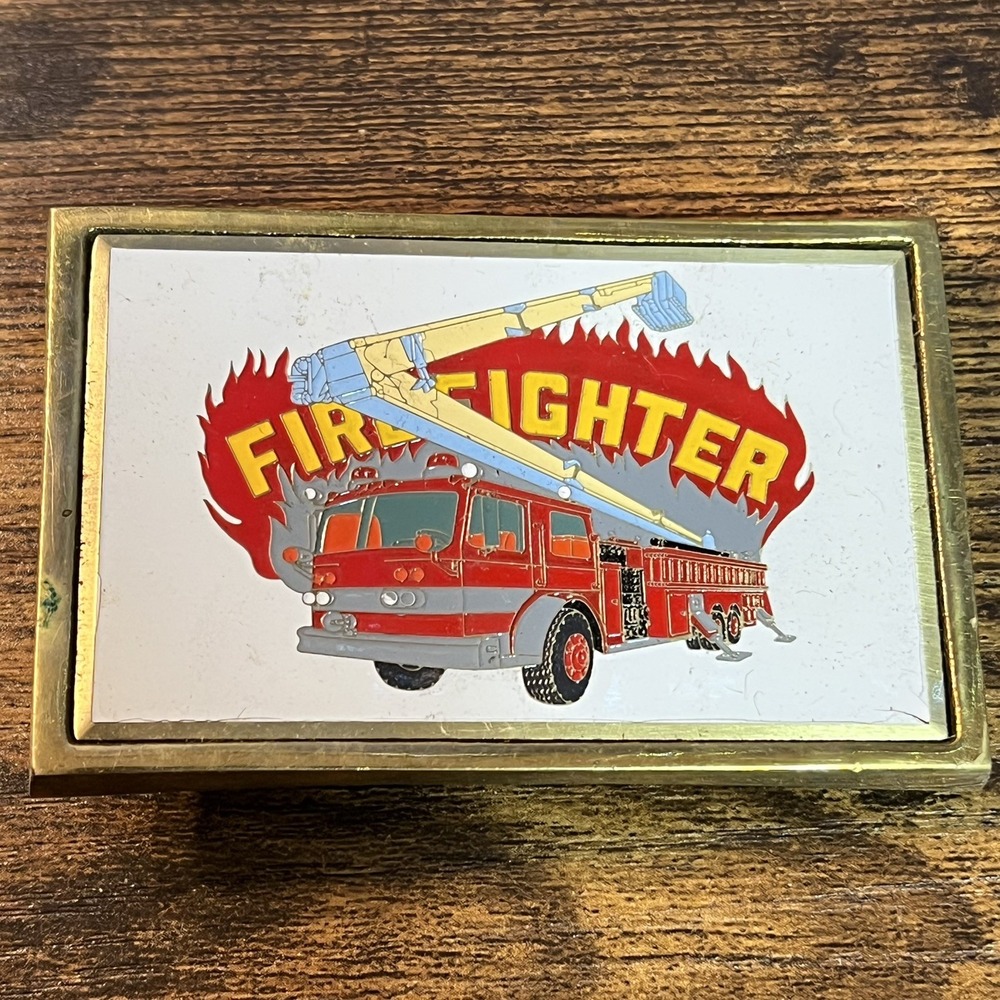 Vintage Fire Truck & Ladder Fire Fighter Station Solid Brass Belt Buckle